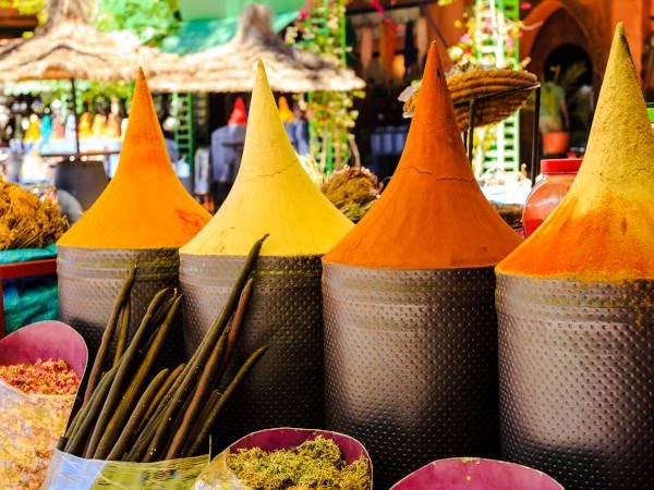 Moroccan spice stall in Marrakech market, Morocco