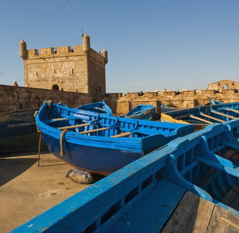 Blue fishing boats in Essaouira Port, formerly Mogador, Morocco, North Africa, Africa